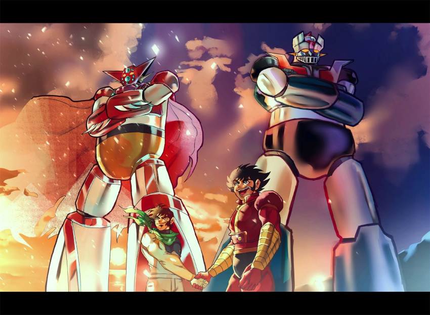 2boys black_hair brown_eyes brown_hair clouds crossed_arms crossover getter-1 getter_robo getter_robo_(1st_series) gloves hair_behind_ear handshake highres kabuto_kouji letterboxed looking_up mazinger_(series) mazinger_z mazinger_z_(mecha) mecha multiple_boys nagare_ryoma pilot_suit red_gloves sky slllle1 smile sunset super_robot yellow_eyes
