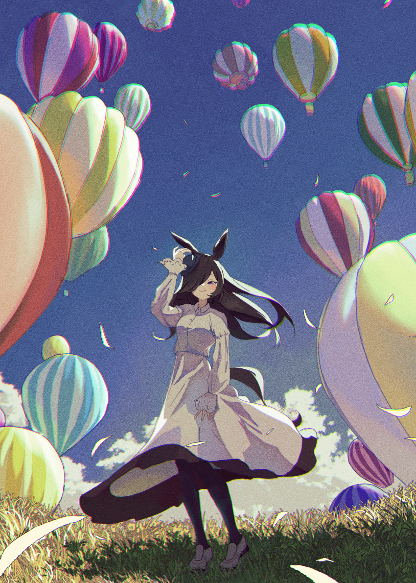 1girl absurdres aircraft animal_ears black_legwear blue_headwear breasts brown_hair chromatic_aberration clouds dress floating_hair full_body grass hand_on_headwear hat highres horse_ears horse_girl horse_tail hot_air_balloon houkou_illust loafers long_hair looking_at_viewer outdoors rice_shower_(umamusume) shoes sky small_breasts smile solo standing tail umamusume violet_eyes white_dress white_footwear wind