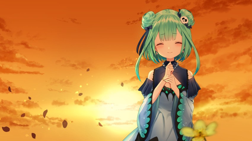 bangs blue_dress closed_eyes commentary_request double_bun dress facing_viewer from_behind green_hair highres hololive looking_at_viewer sky smile solo sunset uruha_rushia virtual_youtuber yasuyuki