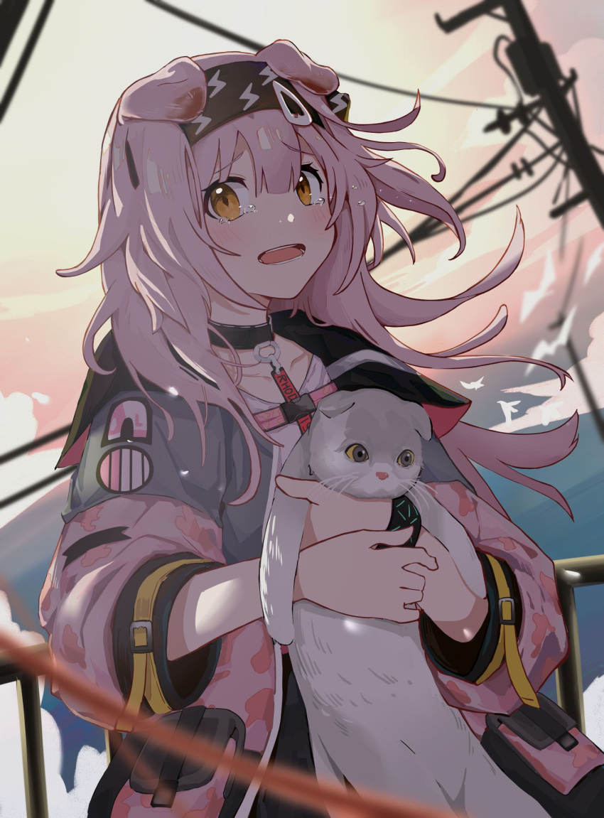 alternate_hairstyle animal_ears arknights bangs black_choker black_hairband blush bracelet cat cat_ears choker coat collarbone crying crying_with_eyes_open eyebrows_visible_through_hair goldenglow_(arknights) gradient_skin hair_down hairband highres infection_monitor_(arknights) jewelry lightning_bolt_print long_hair long_sleeves looking_at_viewer open_clothes open_coat open_mouth orange_eyes phone pink_coat pink_sky soragaku_(molvnu) tears upper_body white_cat