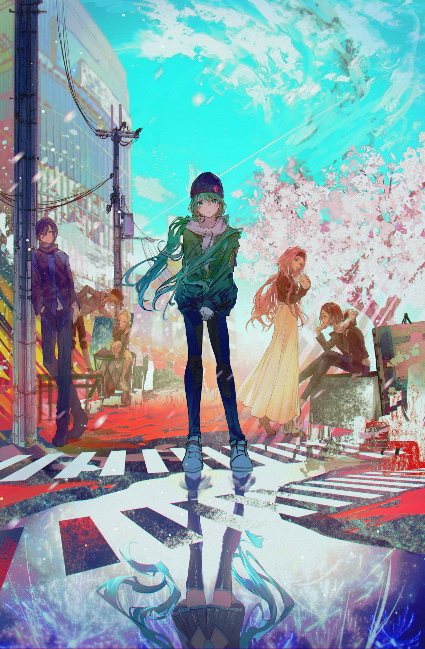 1boy 5girls absurdres aqua_hair baseball_cap beanie blonde_hair blue_eyes blue_hair blue_headwear blue_pants blue_sky boots bubble_tea building character_request cherry_blossoms crossed_legs drinking_straw fireworks fur_collar green_eyes green_hair green_jacket grey_skirt grin hair_between_eyes hand_in_pocket hand_to_own_face hat hatsune_miku headband high_heels highres hood hoodie jacket kaito_(vocaloid) karanagare_4 leaning_forward leaning_to_the_side long_hair long_skirt looking_at_viewer megurine_luka meiko multiple_girls own_hands_together pants pink_hair pleated_skirt road shoes short_hair sitting skirt sky smile sneakers standing street thigh-highs thigh_boots twintails utility_pole very_long_hair vocaloid white_footwear white_hoodie white_skirt