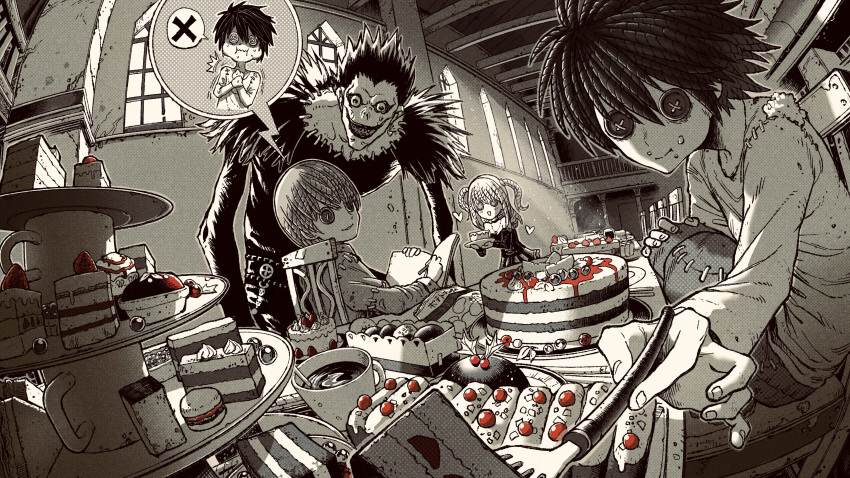 1girl 3boys absurdres amane_misa bangs button_eyes cake chair crumbs cup death_note death_note_(object) dessert detached_sleeves drink feather_collar food fork fruit gothic highres holding holding_fork holding_pen identity_v indoors jewelry l_(death_note) looking_at_viewer monochrome multiple_boys necklace notebook omao pen pov ryuk shinigami short_hair sitting staple strawberry two_side_up window yagami_light