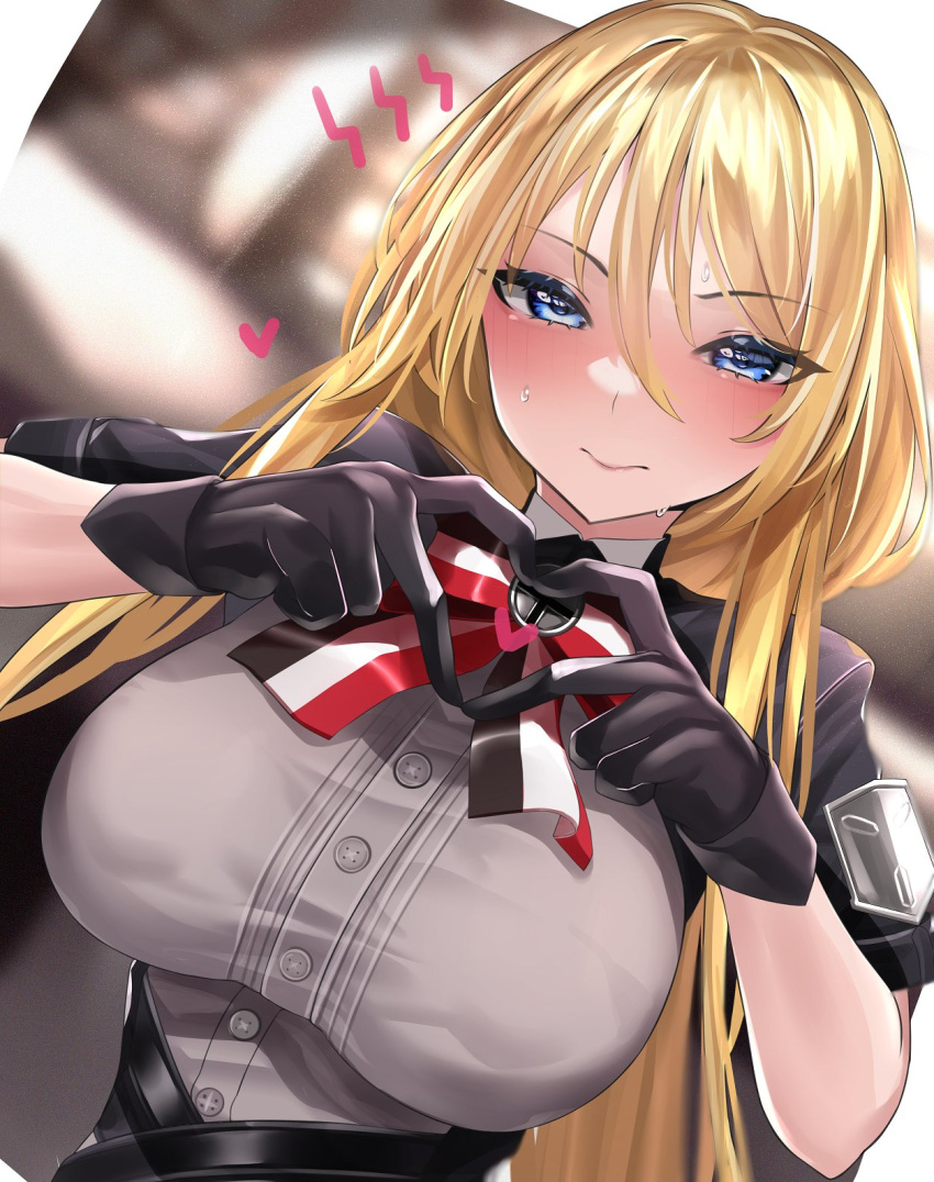 1girl azur_lane bismarck_(azur_lane) bismarck_(iron_black_elysium)_(azur_lane) black_gloves blonde_hair blue_eyes blurry blurry_background blush breasts commentary_request eyebrows_visible_through_hair finger_heart gloves highres keishi_surota large_breasts long_hair looking_at_viewer short_sleeves sweat upper_body