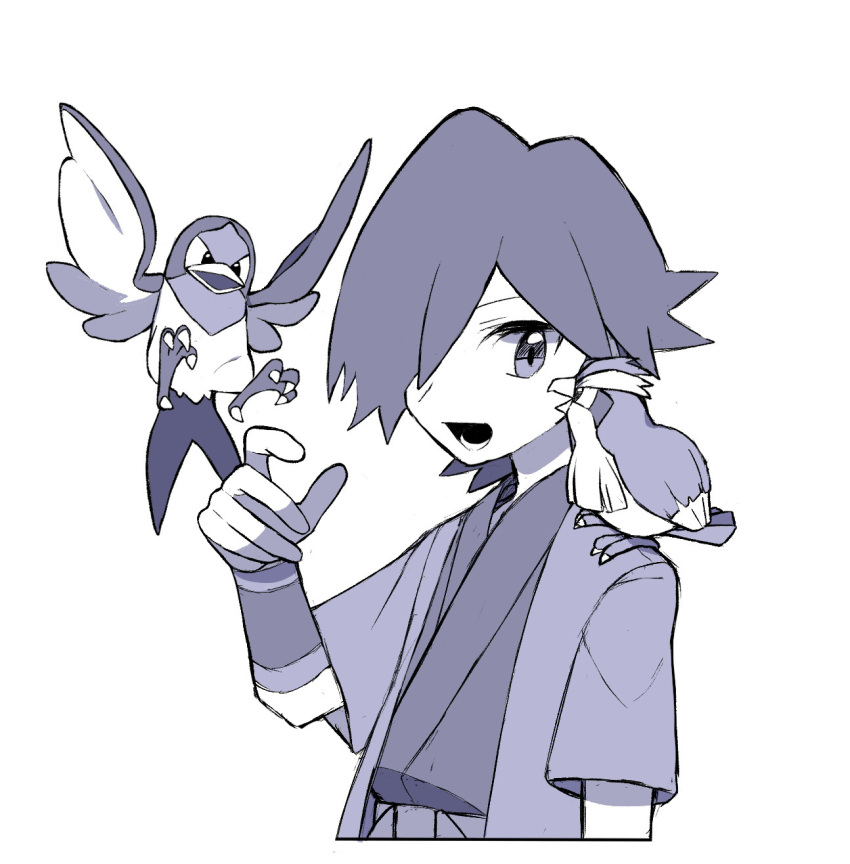 1boy :d bangs bird commentary_request falkner_(pokemon) greyscale hair_over_one_eye hand_up highres jacket japanese_clothes kimono lower_teeth male_focus monochrome open_clothes open_jacket open_mouth pidgey pokemon pokemon_(creature) pokemon_(game) pokemon_gsc short_hair short_sleeves smile taillow teeth tyako_089 white_background wristband