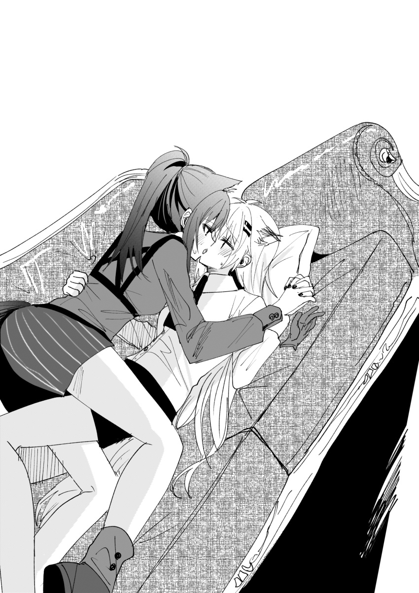 2girls absurdres arknights blush chihuri closed_eyes collared_shirt couch dutch_angle feet_out_of_frame french_kiss girl_on_top gloves gloves_removed greyscale highres holding_hands interlocked_fingers kiss lappland_(arknights) lying monochrome multiple_girls nail_polish necktie on_back on_couch profile scar scar_across_eye shirt shoes short_shorts shorts socks striped striped_shorts texas_(arknights) vertical-striped_shorts vertical_stripes white_background yuri