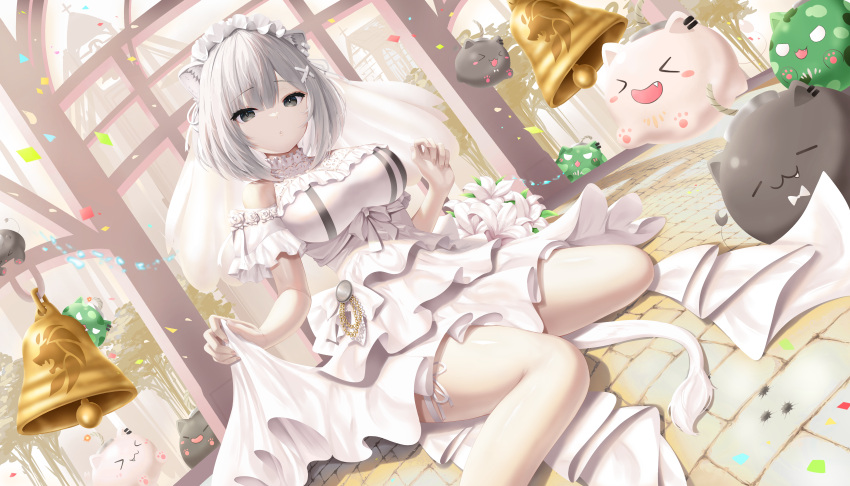 &gt;_&lt; 1girl :d absurdres animal_ears bangs bell breasts dress eyebrows_visible_through_hair fang flower grey_eyes highres hololive large_breasts layered_dress lion_ears looking_at_viewer pantyhose roina_(effj7473) shishiro_botan short_hair silver_hair sitting skirt_hold smile solo ssrb virtual_youtuber wariza white_dress white_flower xd