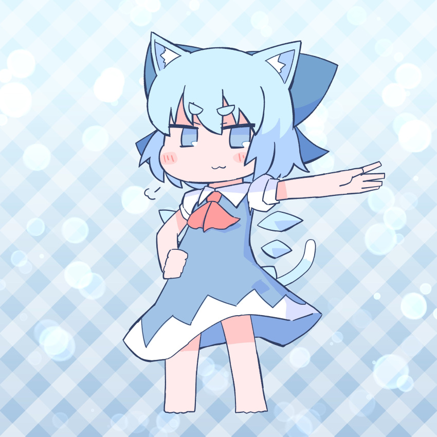 1girl :3 absurdres animal_ears ascot bangs blue_background blue_bow blue_dress blue_eyes bow cat_ears cat_tail cirno closed_mouth dress eyebrows_visible_through_hair full_body gradient gradient_background grid_background hair_bow hand_on_hip highres ice ice_wings looking_at_viewer outstretched_arm red_ascot short_eyebrows short_sleeves smile solo standing tail touhou wings zenerat
