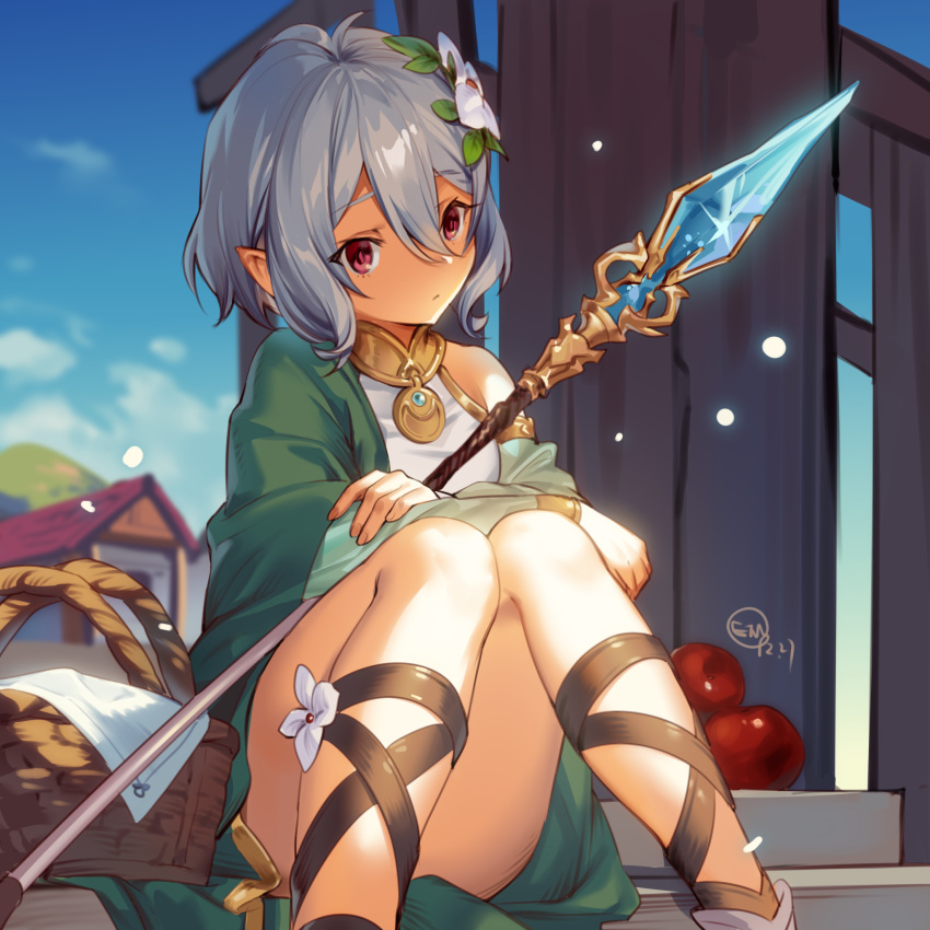 1girl apple bangs basket building closed_mouth dated dress etm_(ahong) flower food fruit gladiator_sandals green_dress greyscale hair_between_eyes hair_flower hair_ornament highres knees_up kokkoro_(princess_connect!) monochrome outdoors pointy_ears polearm princess_connect! red_eyes sandals short_hair signature single_bare_shoulder sitting solo spear stairs weapon