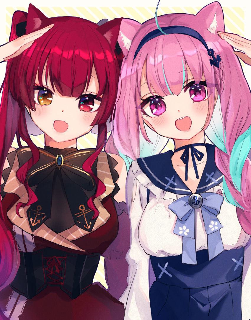 2girls absurdres ahoge anfuji_uiro animal_ears blue_hair blush bow bowtie braid breasts cat_ears cat_girl eyebrows_visible_through_hair fang hair_between_eyes hairband heterochromia highres hololive houshou_marine looking_at_viewer medium_breasts minato_aqua multicolored_hair multiple_girls open_mouth purple_hair red_eyes redhead salute skin_fang teeth tongue twin_braids twintails two-tone_hair upper_body violet_eyes yellow_eyes