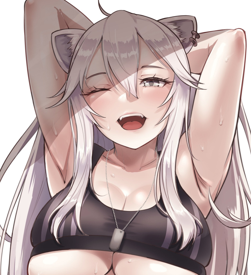 1girl animal_ears armpits arms_behind_head arms_up bangs black_sports_bra breasts collarbone commentary ear_piercing eyelashes grey_eyes hair_between_eyes half-closed_eye highres hololive lion_ears long_hair looking_at_viewer one_eye_closed open_mouth piercing shadow shishiro_botan silver_hair simple_background skindentation solo sports_bra sweat teeth tinnies tongue under_boob upper_body upper_teeth virtual_youtuber