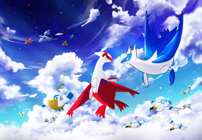 animal animal_focus articuno bird cloud_focus clouds commentary_request flying highres jade_0518h latias latios looking_at_another lugia moltres no_humans pelipper pokemon pokemon_(creature) rayquaza red_eyes scenery sky sky_focus sparkle star_(sky) starry_sky wingull yellow_eyes zapdos
