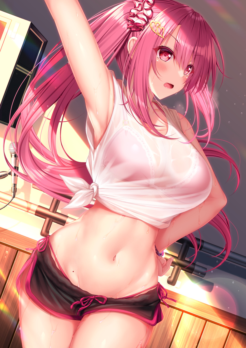 1girl arm_up bangs black_shorts bra bra_visible_through_clothes bracelet breasts commentary_request hair_between_eyes hair_ornament hair_scrunchie hand_on_hip heart heart_hair_ornament highres idol jewelry large_breasts lens_flare long_hair microphone moe2022 mole mole_on_stomach navel open_mouth original panties pink_bra pink_hair pink_panties ponytail practicing railing scrunchie see-through shirt short_shorts shorts side-tie_panties sidelocks sleeveless sleeveless_shirt solo stomach sunlight sweat tied_shirt underwear wet wet_clothes white_shirt wooden_wall yunagi_amane