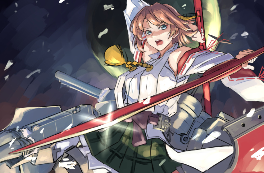 1girl blue_eyes brown_hair cannon detached_sleeves dual_wielding flipped_hair frilled_skirt frills green_skirt hairband headgear hiei_(kancolle) hiei_kai_ni_(kancolle) highres holding holding_sword holding_weapon japanese_clothes kantai_collection nontraditional_miko panda_(heart_sink) plaid plaid_skirt popped_collar ribbon-trimmed_sleeves ribbon_trim rigging short_hair skirt solo sword turret weapon