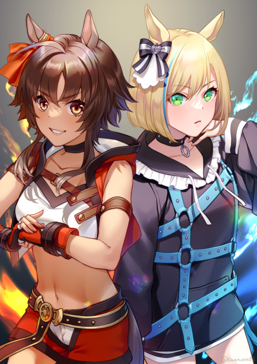 2girls ahoge akatsuki_(kuon) animal_ears arm_strap bangs bare_shoulders belt bitter_glasse_(umamusume) black_belt black_choker black_hoodie black_sailor_collar blonde_hair blue_belt blue_hair bow breasts brown_eyes brown_hair chest_strap choker clenched_hand closed_mouth collarbone commentary_request cowboy_shot crop_top dark-skinned_female dark_skin ear_ornament electricity eyebrows_visible_through_hair fingerless_gloves fire fist_in_hand frilled_sailor_collar frills gloves green_eyes grin groin hair_between_eyes hair_bow hand_up highres hood hood_down hooded_vest hoodie hoodie_dress horse_ears horse_girl horse_tail little_cocon_(umamusume) long_sleeves looking_at_viewer medium_breasts midriff multicolored_hair multiple_girls navel o-ring_belt purple_bow red_gloves red_ribbon red_shorts red_vest ribbon sailor_collar shirt short_hair short_hair_with_long_locks shorts sidelocks sleeveless sleeveless_shirt small_breasts smile standing streaked_hair tail teeth umamusume vest white_shirt white_shorts