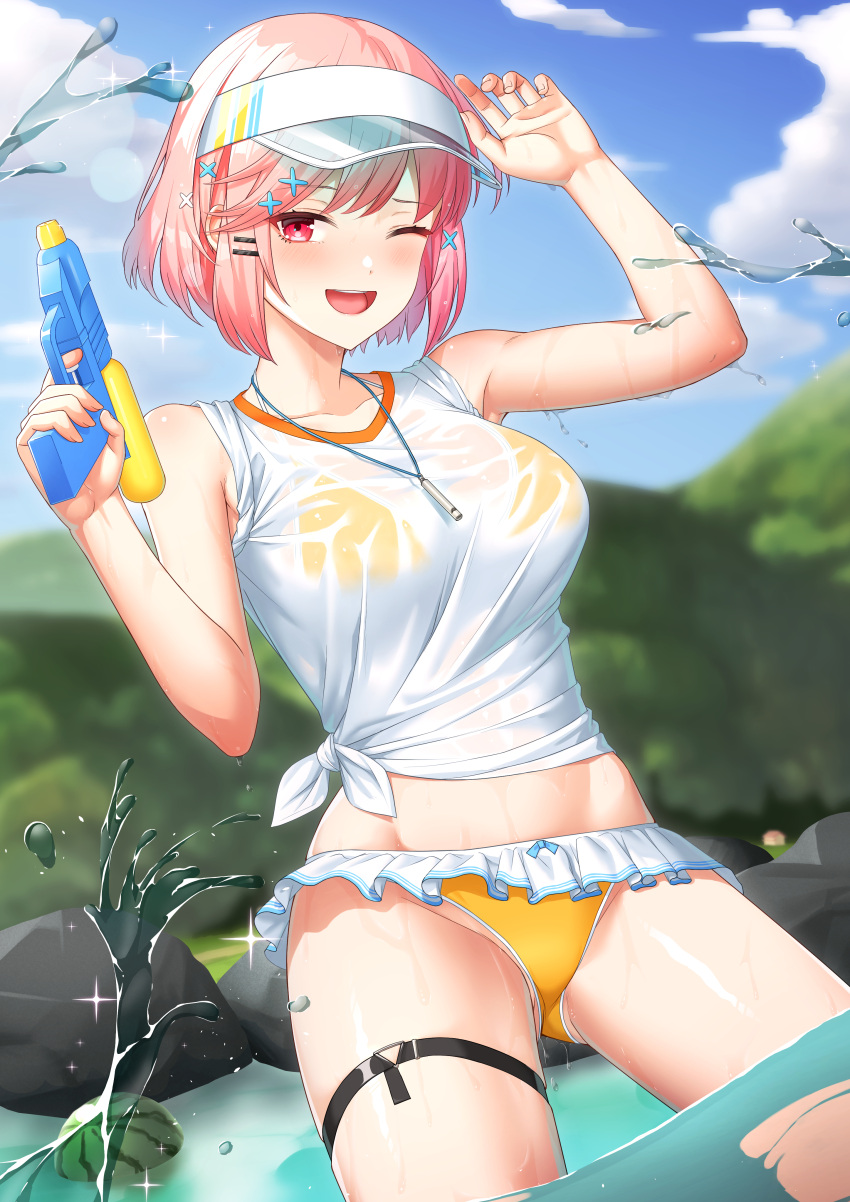 1girl :d absurdres arm_up armpits bikini breasts collarbone cowboy_shot food fruit hair_ornament hairclip highres holding holding_water_gun jewelry large_breasts looking_at_viewer midriff necklace one_eye_closed oretahone original outdoors pink_hair red_eyes see-through shirt short_hair smile swimsuit swimsuit_under_clothes thigh_strap thighs tied_shirt visor_cap water_drop water_gun watermelon wet wet_clothes yellow_bikini