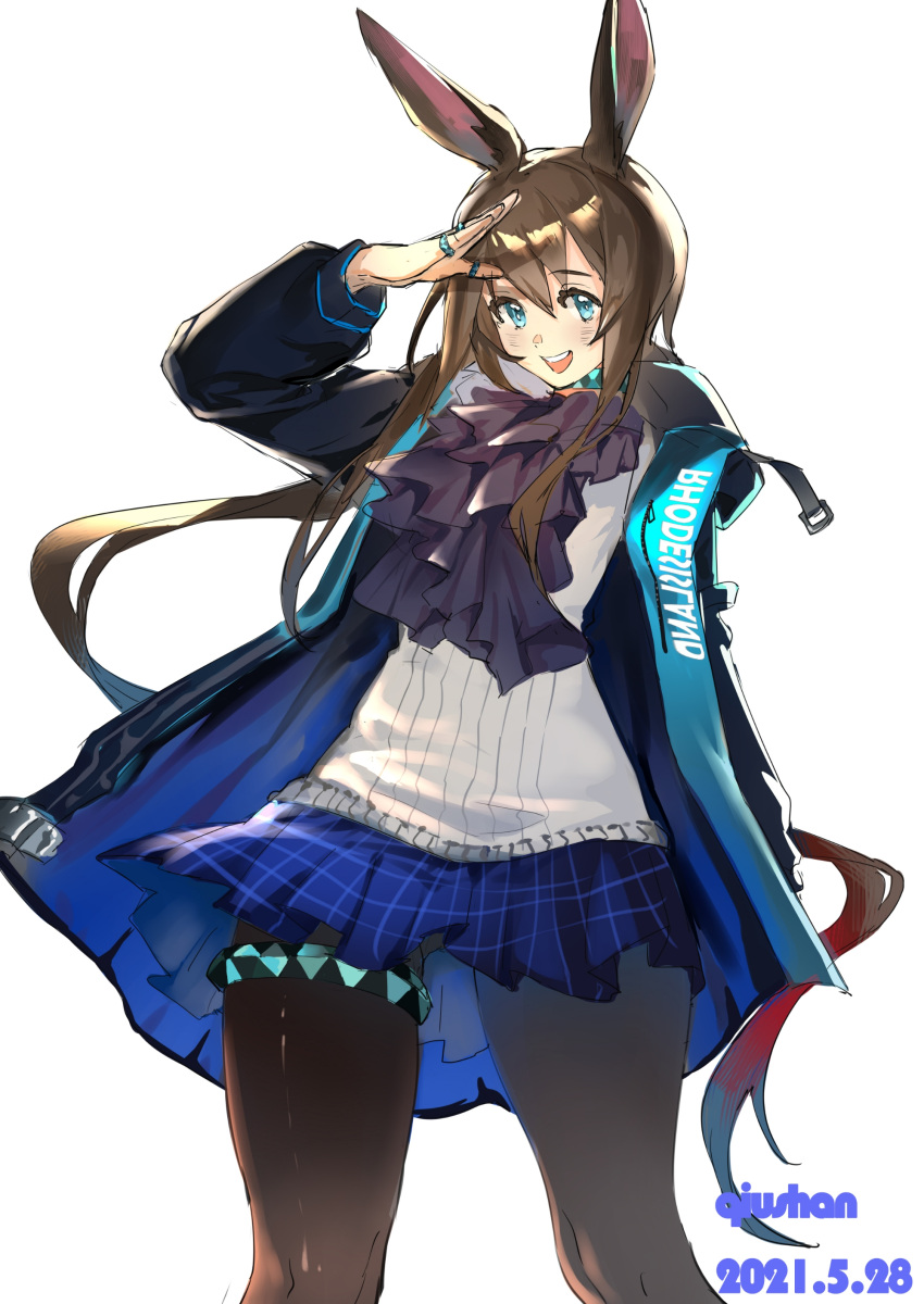1girl :d absurdres amiya_(arknights) animal_ears arknights arm_behind_back artist_name ascot black_ascot black_coat blue_eyes blue_skirt blush brown_hair brown_legwear coat dated diao_bu_landuo eyebrows_visible_through_hair feet_out_of_frame hair_between_eyes highres hooded_coat jewelry long_hair looking_at_viewer miniskirt multiple_rings neck_ring open_clothes open_coat open_mouth pantyhose plaid plaid_skirt pleated_skirt rabbit_ears ring salute sidelocks simple_background skirt smile solo standing sweater thighlet two-sided_fabric white_background white_sweater
