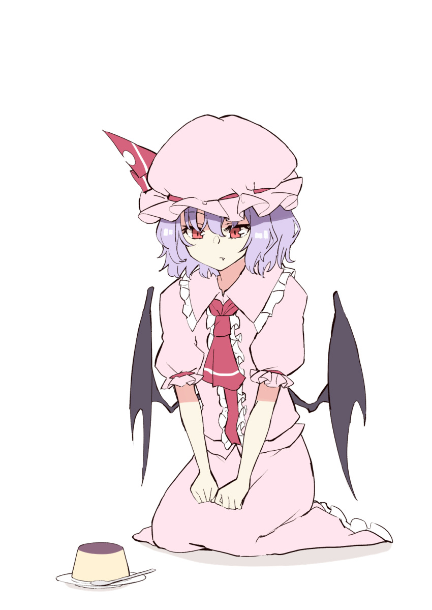1girl bat_wings bow deetamu dress fang food frilled_shirt frilled_shirt_collar frilled_sleeves frills hands_on_lap hat hat_ribbon highres kneeling light_purple_hair looking_down mob_cap napkin pink_dress pudding puffy_short_sleeves puffy_sleeves purple_hair red_bow red_eyes red_ribbon remilia_scarlet ribbon ribbon_trim shirt short_hair short_sleeves simple_background solo spoon touhou vampire white_background wings