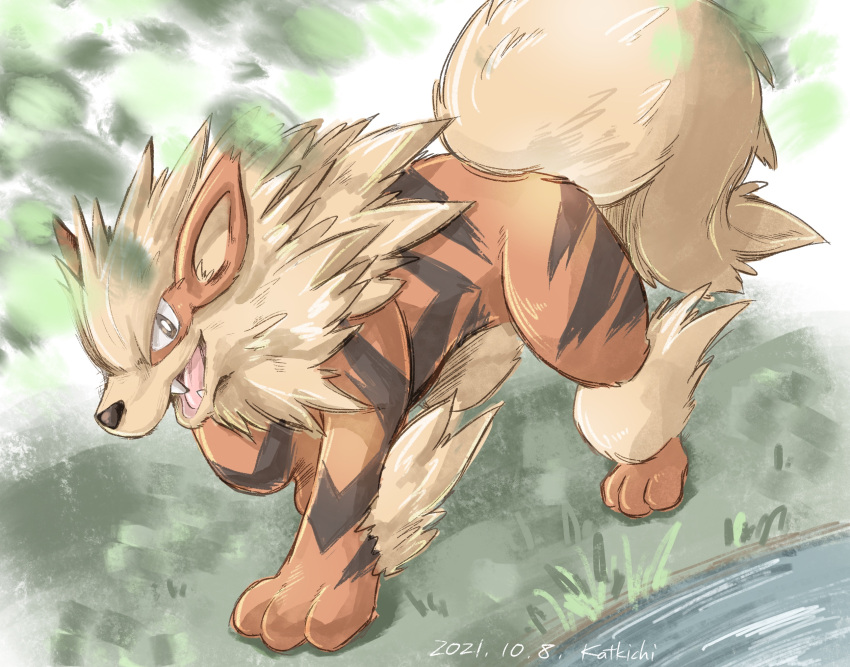 animal_focus arcanine artist_name bright_pupils brown_eyes commentary_request dated fangs grass highres katkichi looking_to_the_side no_humans one-hour_drawing_challenge open_mouth pokemon pokemon_(creature) signature solo standing tongue white_pupils