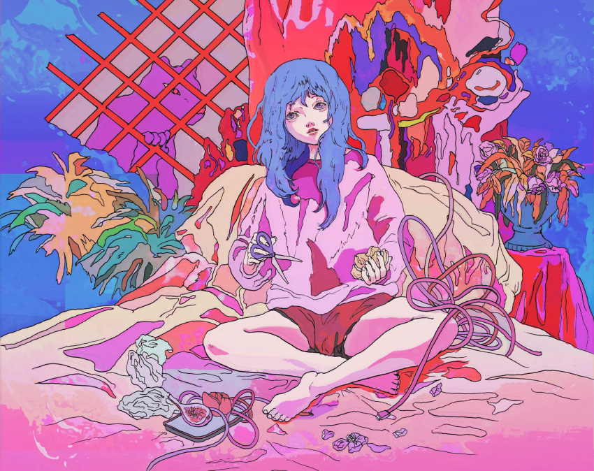 1girl abstract barefoot bed_sheet blue_hair cable colorful fig head_tilt highres holding holding_scissors indian_style ligne_claire long_hair long_sleeves looking_up miyoviyo original parted_lips plant scissors shirt short_shorts shorts sitting solo violet_eyes