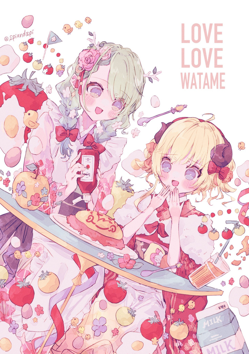 2girls :d antlers apple apron bird blonde_hair blue_eyes braid branch ceres_fauna chick cup drinking_glass drinking_straw egg egg_(food) floral_print flower food fruit golden_apple green_hair hair_flower hair_ornament hair_over_one_eye highres hololive hololive_english horns japanese_clothes ketchup ketchup_bottle kimono low_twintails maid_apron mayumura multiple_girls obi omurice pink_kimono print_kimono red_kimono ribbon sash sheep_horns short_hair smile spoon strawberry tomato tsunomaki_watame twintails virtual_youtuber yellow_eyes