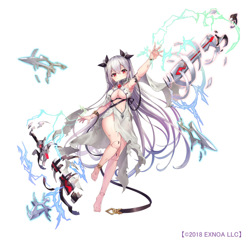 1girl 2018 absurdres anklet arm_up barefoot breasts broken broken_sword broken_weapon commentary_request dirty dirty_arm dirty_clothes dirty_feet doll_joints dress full_body gemini_seed grey_hair hair_ornament highres jewelry joints large_breasts long_hair looking_at_viewer official_art piyoyanagi red_eyes simple_background solo sword tachi-e torn_clothes very_long_hair weapon white_background white_dress