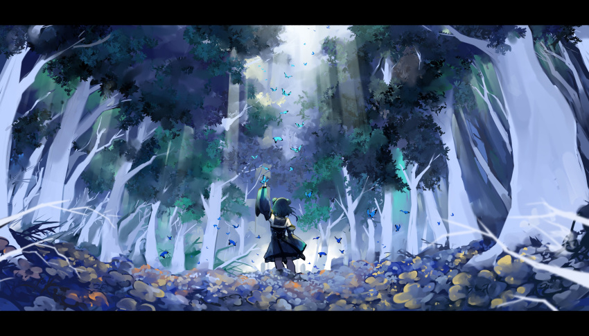 1girl absurdres arm_up bare_shoulders blue_butterfly blue_dress bug butterfly detached_sleeves double_bun dress field flower flower_field forest from_behind green_hair highres hololive letterboxed light_rays medium_hair nature outdoors scenery solo sunbeam sunlight tree uruha_rushia virtual_youtuber vyragami