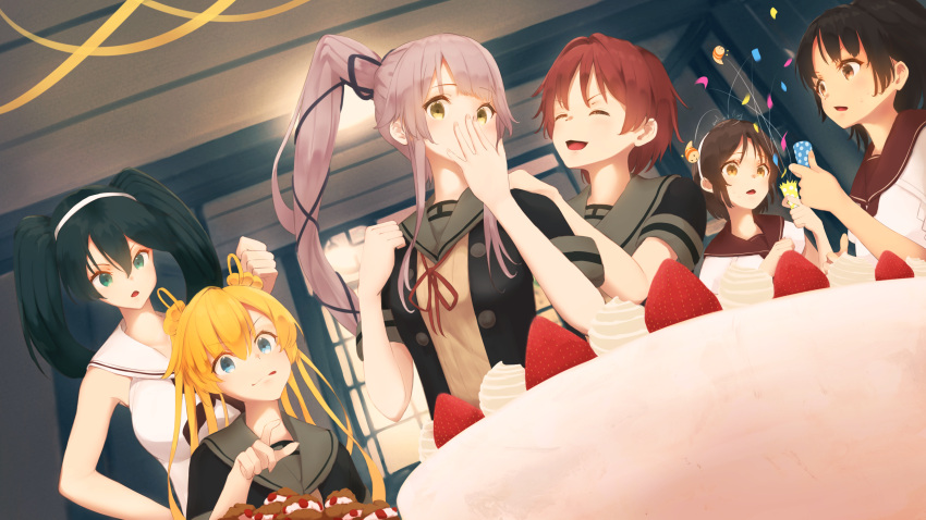 6+girls absurdres abukuma_(kancolle) abukuma_kai_ni_(kancolle) aqua_eyes black_hair black_jacket blonde_hair blue_eyes brown_eyes brown_hair brown_sailor_collar cake closed_eyes closed_mouth food fruit grey_sailor_collar hair_between_eyes hair_rings hairband highres isuzu_(kancolle) jacket kantai_collection kinu_(kancolle) kinu_kai_ni_(kancolle) long_hair multiple_girls nagara_(kancolle) natori_(kancolle) open_mouth party_popper pink_hair ponytail redhead sailor_collar school_uniform serafuku shanghmely short_hair short_sleeves sleeveless smile strawberry tongue tongue_out twintails white_hairband white_sailor_collar yellow_eyes yura_(kancolle) yura_kai_ni_(kancolle)