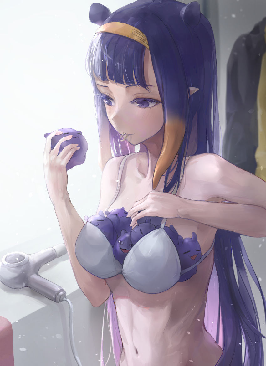 1girl absurdres animal_ears bangs bare_arms bare_shoulders bikini blonde_hair blunt_bangs breast_padding chan1moon commentary creature hair_tie_in_mouth hairband highres holding holding_creature hololive hololive_english long_hair looking_away mouth_hold navel ninomae_ina'nis pointy_ears purple_hair sidelocks solo stomach swimsuit tako_(ninomae_ina'nis) upper_body very_long_hair violet_eyes white_bikini yellow_hairband