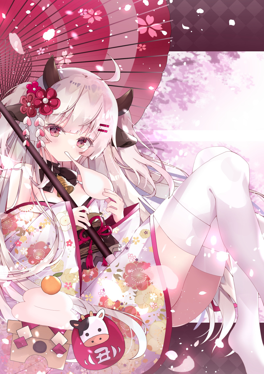 1girl absurdres ahoge animal_ears aoi_yugina bangs bell black_bow bow bowtie cherry_blossoms commentary cow_ears cow_horns eating eyebrows_visible_through_hair floral_print food fruit hair_ornament hairclip highres holding holding_food holding_umbrella horns japanese_clothes kimono leaning_back long_hair looking_at_viewer mandarin_orange mochi neck_bell obi off_shoulder oil-paper_umbrella original petals pink_eyes pink_kimono print_kimono sash short_kimono silver_hair sitting solo textless thigh-highs two_side_up umbrella white_legwear wind