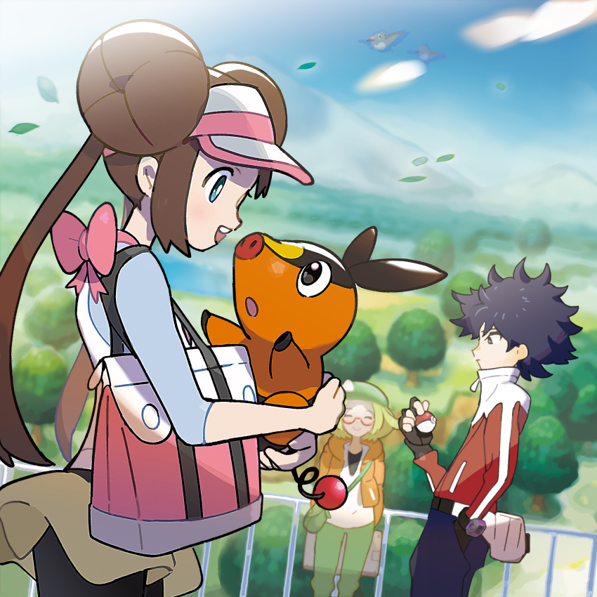 1boy 2girls :d absurdres bag bianca_(pokemon) black_legwear blue_eyes bow bright_pupils brown_hair clouds commentary_request day double_bun glasses green_pants hat hat_bow highres holding holding_poke_ball holding_pokemon hood hooded_jacket hugh_(pokemon) jacket legwear_under_shorts long_hair multiple_girls official_art open_clothes open_jacket open_mouth orange_jacket outdoors pants pantyhose pink_bow poke_ball poke_ball_(basic) pokemon pokemon_(creature) pokemon_(game) pokemon_bw2 raglan_sleeves red-framed_eyewear rosa_(pokemon) semi-rimless_eyewear shirt short_shorts shorts sky sleeves_past_elbows smile starly teeth tepig twintails upper_teeth v-neck visor_cap white_bow white_pupils white_shirt yellow_shorts