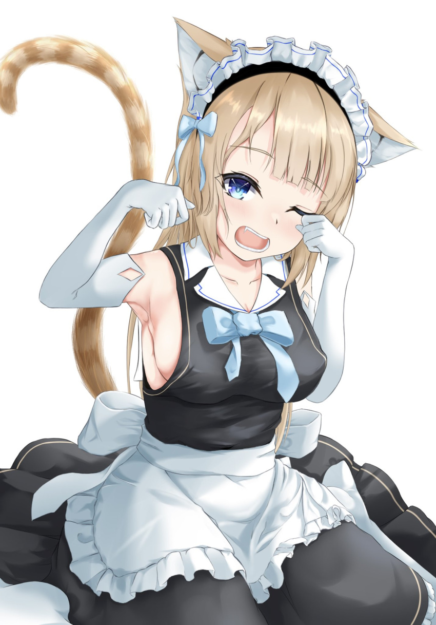 alternate_costume alternate_species animal_ears apron black_dress blonde_hair blue_eyes breasts cat_ears cat_girl cat_tail dress elbow_gloves empireo enmaided frilled_apron frills gloves highres maid maid_apron maid_headdress one_eye_closed prism_project sideboob sleeveless tail tokimori_aoi virtual_youtuber waist_apron white_apron white_gloves yawning