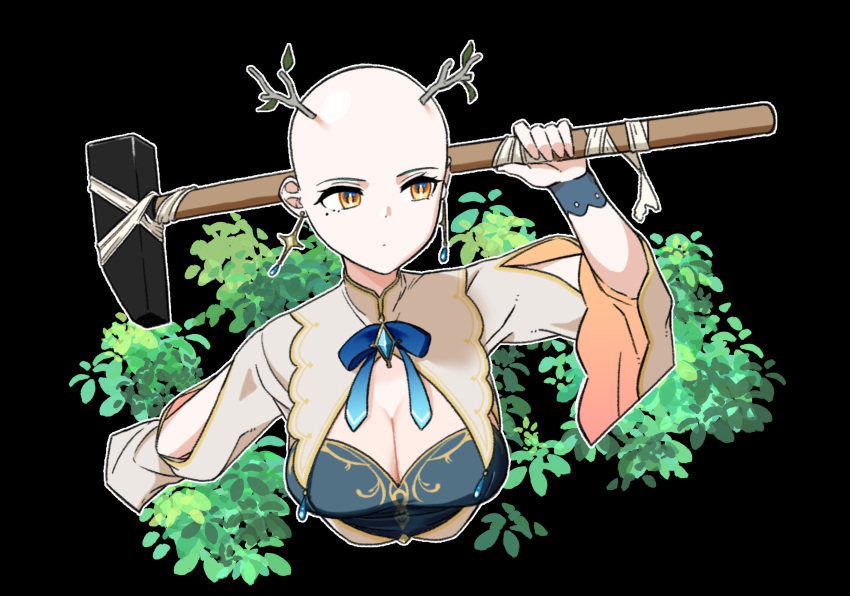 1girl antlers bald branch brooch bush ceres_fauna dress earrings getting_over_it hammer highres hololive hololive_english jewelry kkamanggwi leaf mole mole_under_eye ribbon sledgehammer solo virtual_youtuber yellow_eyes