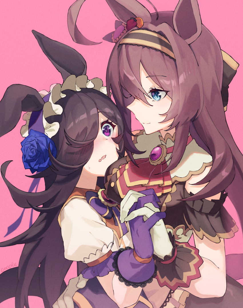 2girls ahoge animal_ears artist_name bangs blue_eyes blue_flower blue_rose blush blush_visible_through_hair breasts brooch brown_dress brown_hair closed_mouth dress eye_contact flower frilled_hairband frills gloves hair_ornament hair_over_one_eye hairband highres holding_hands horse_ears jabot jewelry large_breasts long_hair looking_at_another mazac mihono_bourbon_(code:glassage)_(umamusume) mihono_bourbon_(umamusume) multiple_girls open_mouth pink_background purple_gloves rice_shower_(make_up_vampire!)_(umamusume) rice_shower_(umamusume) rose shirt short_sleeves simple_background smile sweatdrop umamusume upper_body violet_eyes wavy_mouth white_gloves white_shirt