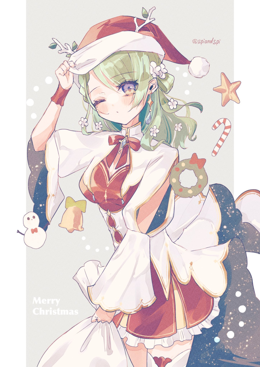 1girl :o antlers bell braid branch brooch candy candy_cane ceres_fauna christmas dress flower food green_hair hair_flower hair_ornament hair_over_one_eye hat highres hololive hololive_english jewelry looking_at_viewer mayumura one_eye_closed ribbon santa_costume santa_hat snow_print snowman star_(symbol) virtual_youtuber wide_sleeves wreath yellow_eyes