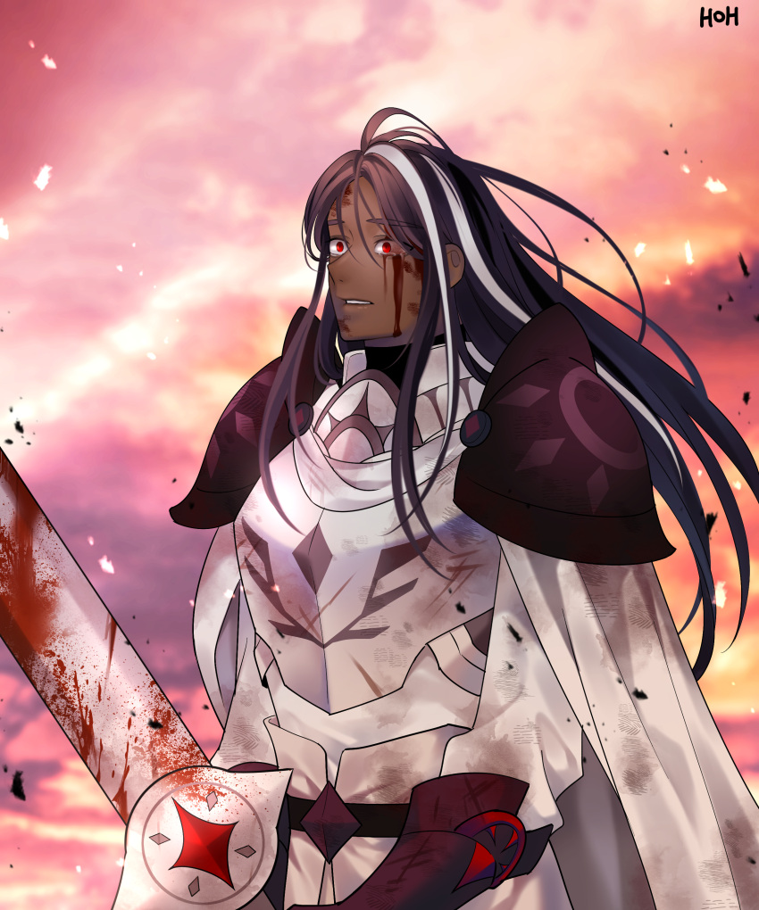 1boy absurdres armor black_hair blood blood_on_face blood_on_weapon breastplate cookie_run dark_choco_cookie dark_skin dirty dirty_clothes empty_eyes highres holding holding_sword holding_weapon hoohoo_(artist) long_hair male_focus multicolored_hair official_alternate_costume parted_lips pauldrons shoulder_armor sky solo streaked_hair sword tearing_up turtleneck weapon white_hair wide-eyed