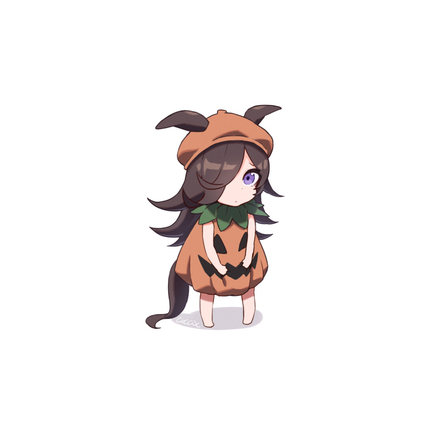 1girl animal_ears artist_name bangs bare_arms barefoot brown_hair chibi closed_mouth dot_nose ears_down full_body hair_over_one_eye highres horse_ears horse_girl horse_tail long_hair looking_at_viewer mazac orange_headwear pumpkin_costume rice_shower_(umamusume) shadow simple_background solo standing tail umamusume violet_eyes white_background