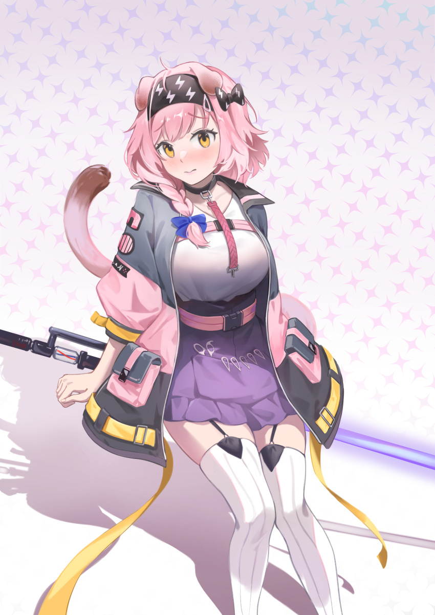 1girl absurdres animal_ears arknights bangs black_hairband blue_bow blush bow braid breasts cat_ears cat_tail commentary feet_out_of_frame garter_straps goldenglow_(arknights) hair_bow hairband highres jacket large_breasts lightning_bolt_print long_hair long_sleeves looking_at_viewer miniskirt nose_blush open_clothes open_jacket pink_hair purple_skirt shadow shirt single_braid sitting skirt solo tail thigh-highs white_legwear white_shirt yellow_eyes yinghuahua zettai_ryouiki