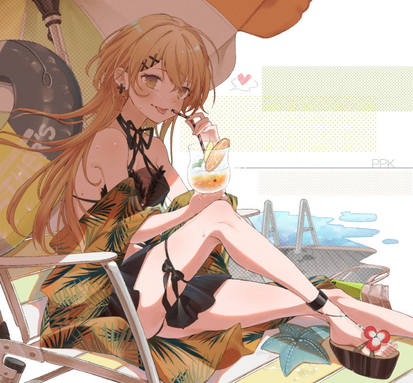 1girl :p bangs bare_shoulders bikini black_bikini black_swimsuit blush breasts character_name closed_mouth cocktail cocktail_glass commentary_request commission cross cross_earrings cup drinking_glass earrings eyebrows_visible_through_hair girls_frontline hair_ornament hairclip heart heart_print highres holding holding_cup jewelry light_brown_eyes light_brown_hair long_hair looking_at_viewer medium_breasts official_alternate_costume platform_footwear pool ppk_(foliage_romance)_(girls'_frontline) ppk_(girls'_frontline) rabb_horn revision sandals simple_background sitting skeb_commission solo sweat swimsuit tongue tongue_out