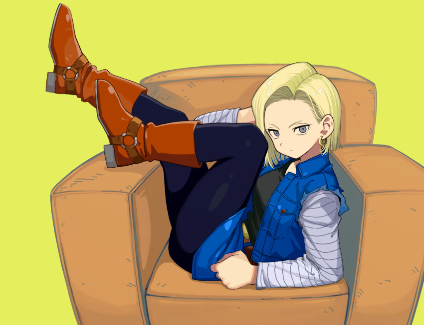 1girl android_18 armchair blonde_hair blue_eyes boots chair commentary_request denim denim_jacket dragon_ball dragon_ball_z earrings highres jacket jewelry long_sleeves looking_at_viewer pantyhose reclining rokoido12 shirt short_hair simple_background sitting sleeveless sleeveless_jacket sleeves_removed solo striped striped_shirt