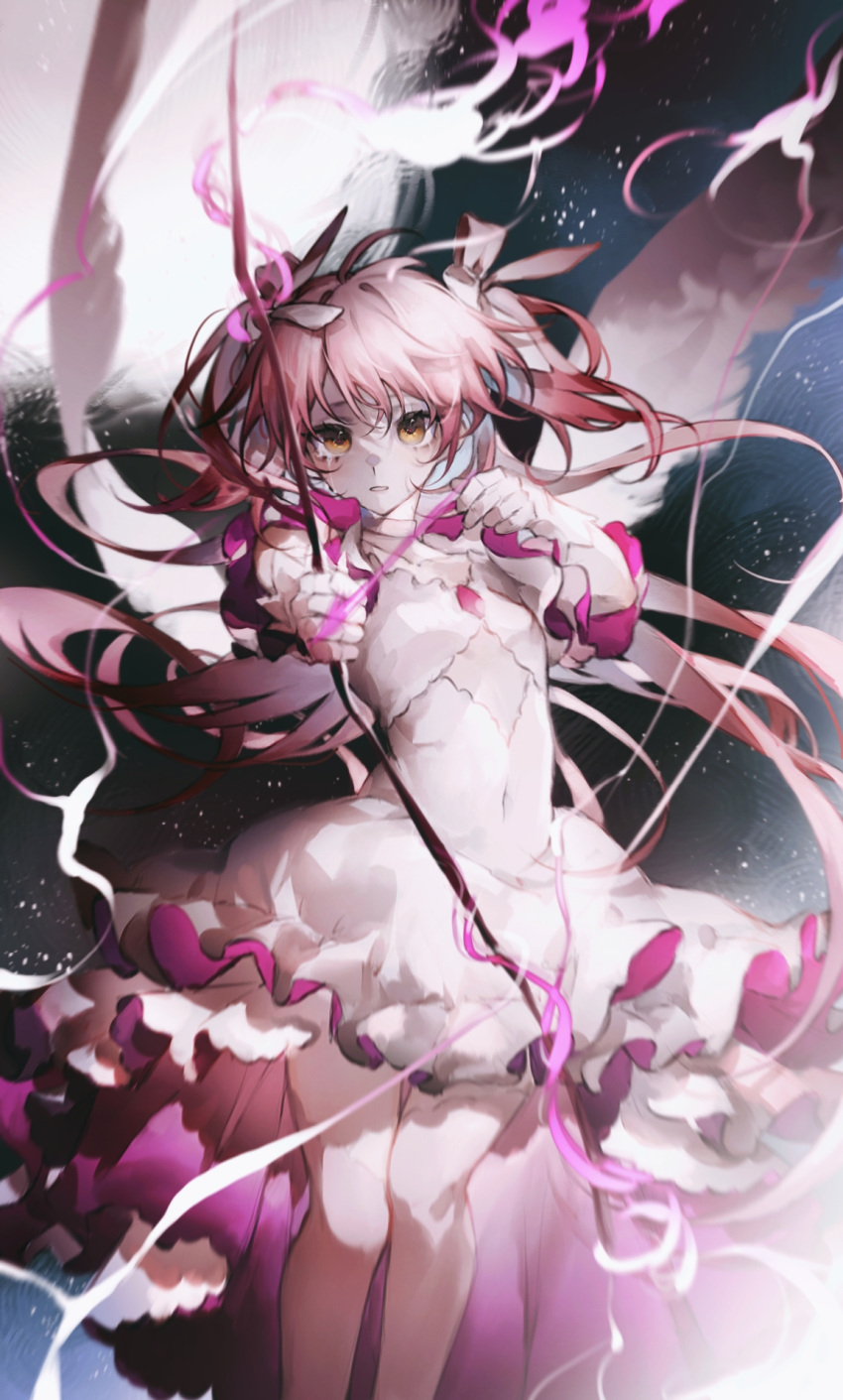 1girl arrow_(projectile) bare_shoulders bow brooch bubble_skirt choker collarbone commentary_request covered_navel dress english_commentary frilled_dress frills gloves goddess_madoka highres jewelry kaname_madoka legs light_particles long_hair looking_at_viewer mahou_shoujo_madoka_magica parted_lips pink_hair skirt solo standing tears ttttortuga white_dress white_gloves yellow_eyes