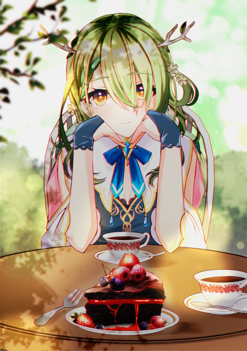 1girl absurdres antlers braid branch brooch cake ceres_fauna chair chocolate_cake cup dappled_sunlight dress elbows_on_table flower food fork fruit garden green_hair hair_flower hair_ornament hair_over_one_eye highres hololive hololive_english jewelry looking_at_viewer ribbon smile strawberry sunlight teacup tree_shade valentine virtual_youtuber yellow_eyes zerobi