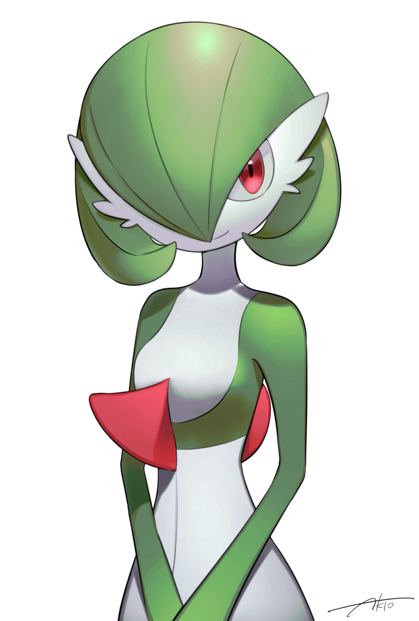 akio_(kio2105) bangs closed_mouth commentary_request gardevoir green_hair highres looking_at_viewer own_hands_together pokemon pokemon_(creature) red_eyes short_hair signature simple_background smile solo white_background