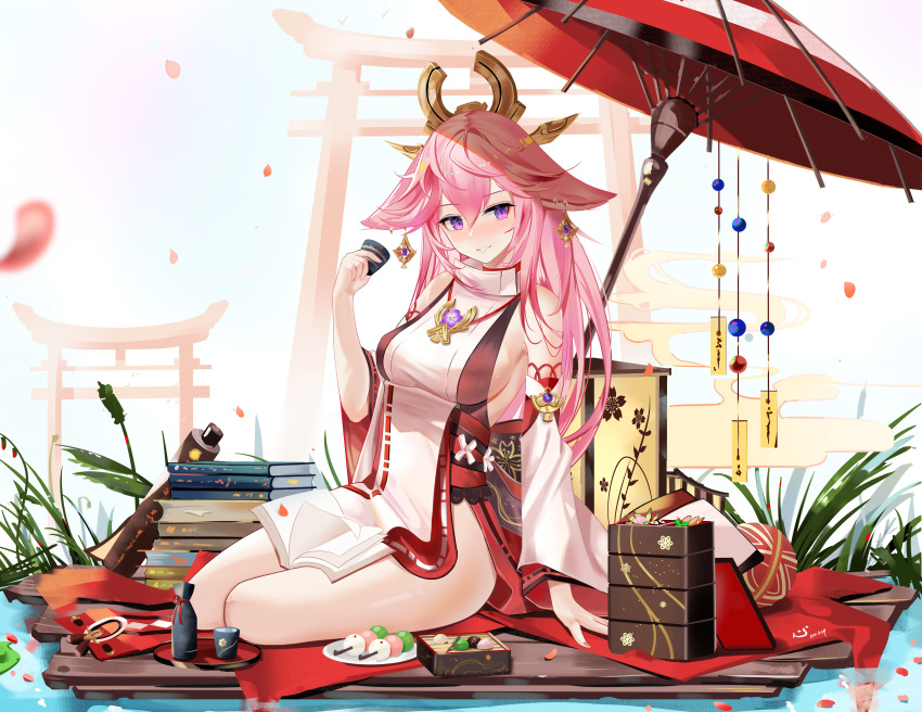 1girl absurdres animal_ears anklet arm_support bare_legs bare_shoulders blanket blurry blush book book_stack bottle breasts cherry_blossoms choko_(cup) commentary_request cup dango day detached_sleeves earrings eyebrows_visible_through_hair fingernails floppy_ears food fox_ears fox_girl full_body genshin_impact grass hair_between_eyes hair_ornament highres holding holding_cup japanese_clothes jewelry long_hair looking_at_viewer low-tied_long_hair medium_breasts miko multiple_torii open_book outdoors parted_lips pendant petals pink_hair plate priestess sabou_san-shitsu_kokoro sanshoku_dango sideboob sitting skewer smile thighs torii umbrella violet_eyes vision_(genshin_impact) wagashi water white_background wide_sleeves yae_miko yokozuwari