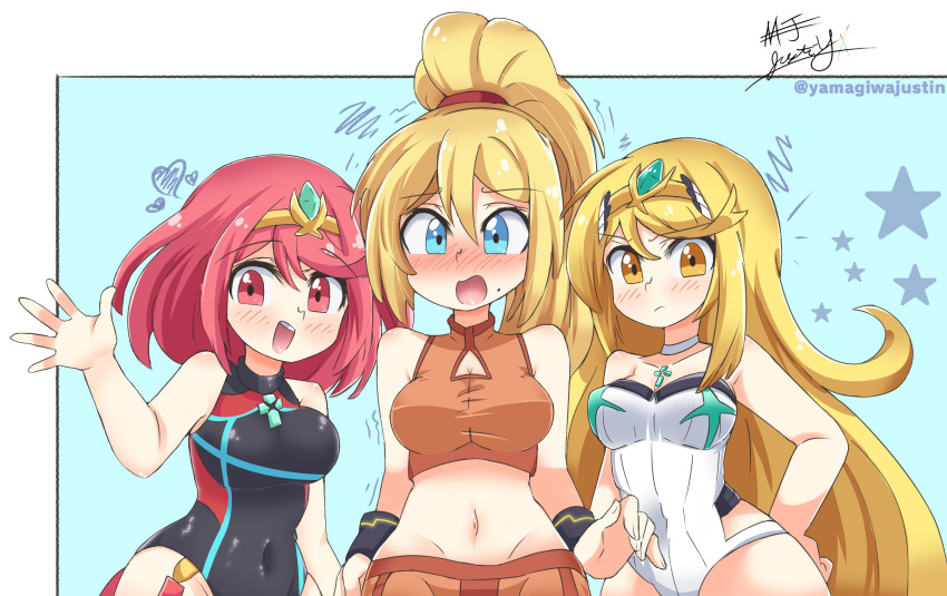 absurdres bangs black_swimsuit blonde_hair breasts chest_jewel competition_swimsuit crossover gem headpiece highres large_breasts metroid mythra_(radiant_beach)_(xenoblade) mythra_(xenoblade) one-piece_swimsuit pyra_(pro_swimmer)_(xenoblade) pyra_(xenoblade) red_swimsuit redhead ribbed_swimsuit samus_aran strapless strapless_swimsuit striped striped_swimsuit swept_bangs swimsuit tiara two-tone_swimsuit vertical-striped_swimsuit vertical_stripes white_swimsuit xenoblade_chronicles_(series) xenoblade_chronicles_2 yamagiwajustin