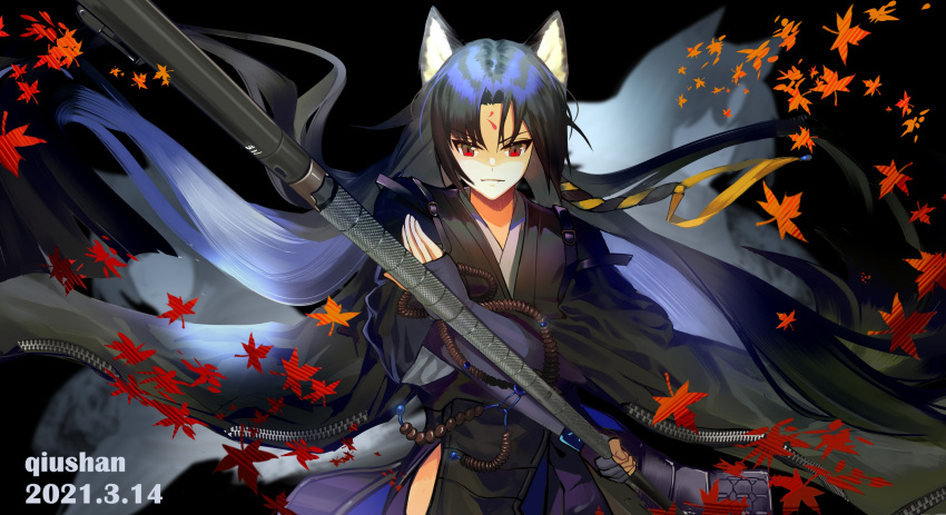 1girl animal_ears arknights artist_name bangs beads black_background black_hair black_kimono closed_mouth cowboy_shot crossed_arms dated diao_bu_landuo dog_ears eyebrows_visible_through_hair facial_mark fang fighting_stance fingerless_gloves floating_hair forehead_mark gloves highres holding holding_weapon infection_monitor_(arknights) japanese_clothes kimono leaf long_hair looking_at_viewer maple_leaf naginata parted_bangs polearm prayer_beads red_eyes saga_(arknights) simple_background solo standing tsurime v-shaped_eyebrows very_long_hair weapon wide_sleeves zipper