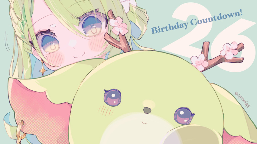 1girl antlers blush braid branch ceres_fauna cheek_on_glass close-up countdown earrings familiar flower green_hair hair_flower hair_ornament hair_over_one_eye highres hololive hololive_english jewelry mayumura mole mole_under_eye nemu_(ceres_fauna) smile virtual_youtuber yellow_eyes