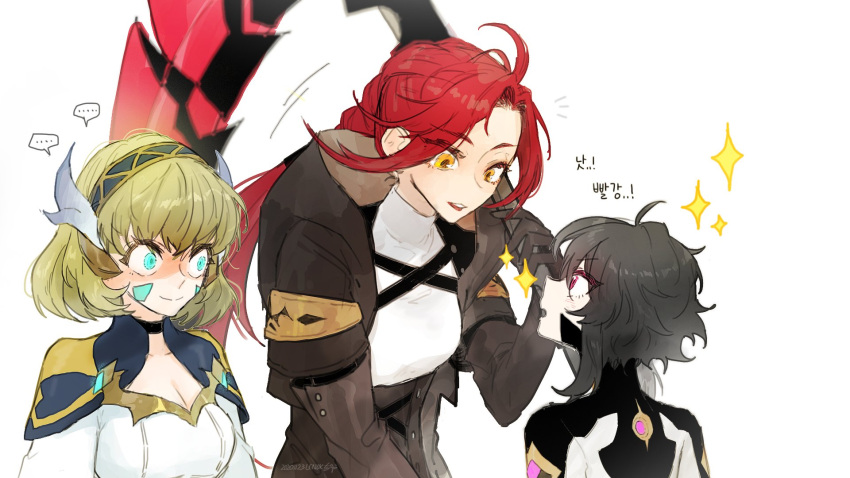 1boy 2girls alev_valcarios androgynous black_hair blonde_hair blue_eyes breasts elf highres holding holding_weapon leeee_ro looking_at_another lord_of_heroes multiple_girls nine_(lord_of_heroes) otoko_no_ko pale_skin pink_eyes pointy_ears redhead scythe solphi_lebenheit translation_request weapon yellow_eyes