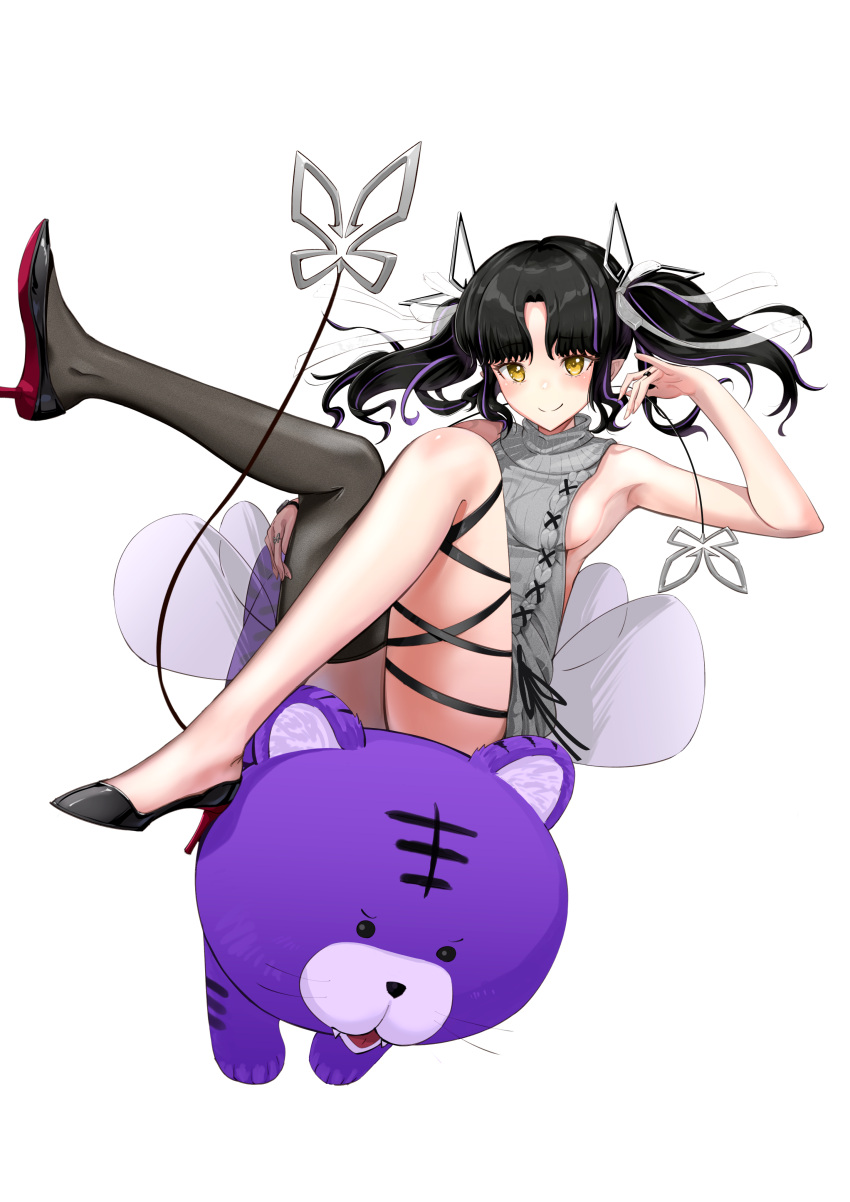 1girl absurdres armpits bangs black_footwear black_hair black_legwear black_ribbon blush breasts closed_mouth commentary_request demon_girl demon_horns demon_tail eyebrows_visible_through_hair full_body grey_sweater high_heels highres horns kojo_anna leg_ribbon long_hair looking_at_viewer medium_breasts meme_attire multicolored_hair official_alternate_costume parted_bangs pointy_ears purple_hair ribbon sankyo_(821-scoville) sideboob simple_background single_thighhigh smile solo stuffed_animal stuffed_tiger stuffed_toy sugar_lyric sweater tail thigh-highs transparent_background two-tone_hair two_side_up virgin_killer_sweater virtual_youtuber yellow_eyes