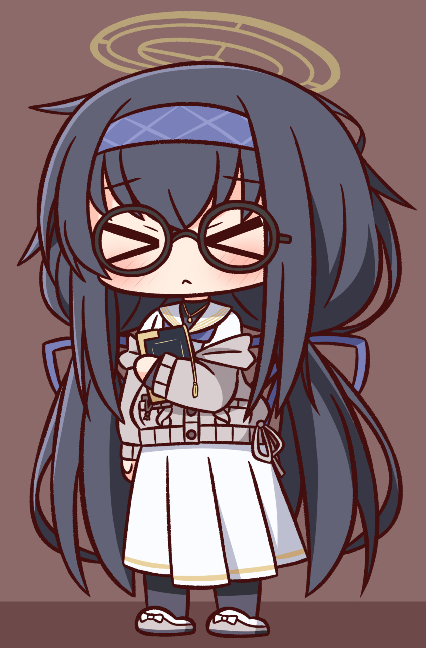 &gt;_&lt; 1girl :&lt; bangs black-framed_eyewear black_hair black_legwear blue_archive blue_hairband blue_ribbon blush book brown_background chibi closed_eyes closed_mouth eyebrows_visible_through_hair facing_viewer glasses grey_footwear grey_jacket hair_between_eyes hair_ribbon hairband hana_kazari highres jacket long_hair long_sleeves low_twintails object_hug off_shoulder pantyhose pleated_skirt revision ribbon round_eyewear sailor_collar shirt shoes skirt solo twintails two-tone_background ui_(blue_archive) very_long_hair white_sailor_collar white_shirt white_skirt