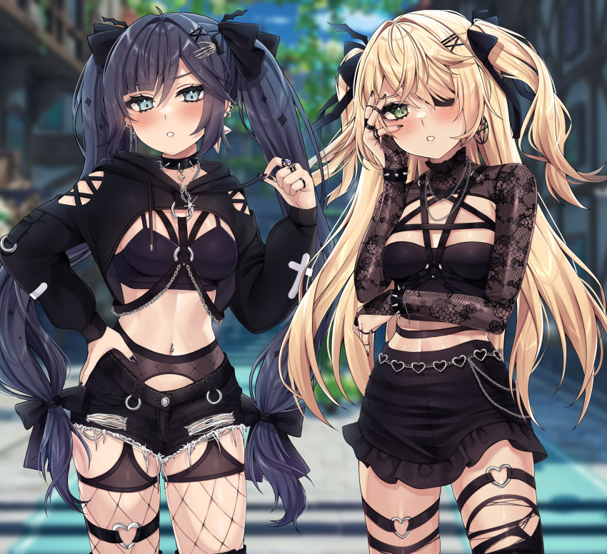 2girls absurdres alternate_costume arm_cutout arm_under_breasts belt black_bow black_hair black_nails black_shorts black_skirt blonde_hair blue_eyes blush bow bracelet breasts choker cleavage_cutout clothing_cutout cross earrings eyepatch fischl_(genshin_impact) fishnets garter_belt garter_straps genshin_impact gothic green_eyes hair_bow hair_ornament hairclip hand_on_hip hand_on_own_face heart highres jewelry looking_at_viewer medium_breasts midriff miniskirt mona_(genshin_impact) multiple_girls nail_polish navel navel_piercing necklace piercing ring short_shorts short_twintails shorts skirt spiked_bracelet spiked_choker spikes string_pull thigh-highs thigh_strap torn_clothes torn_shorts twintails vitaminechan